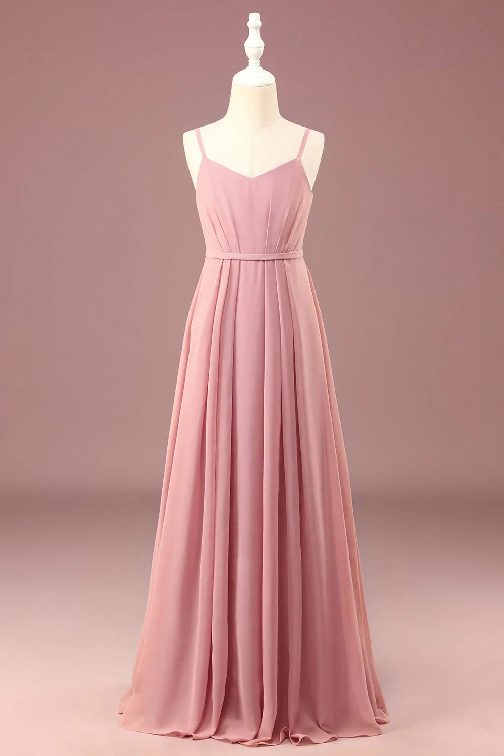 Grey Rose A-line Chiffon Thin Shoulder Strap Long Pleated Junior High School Bridesmaid Dress