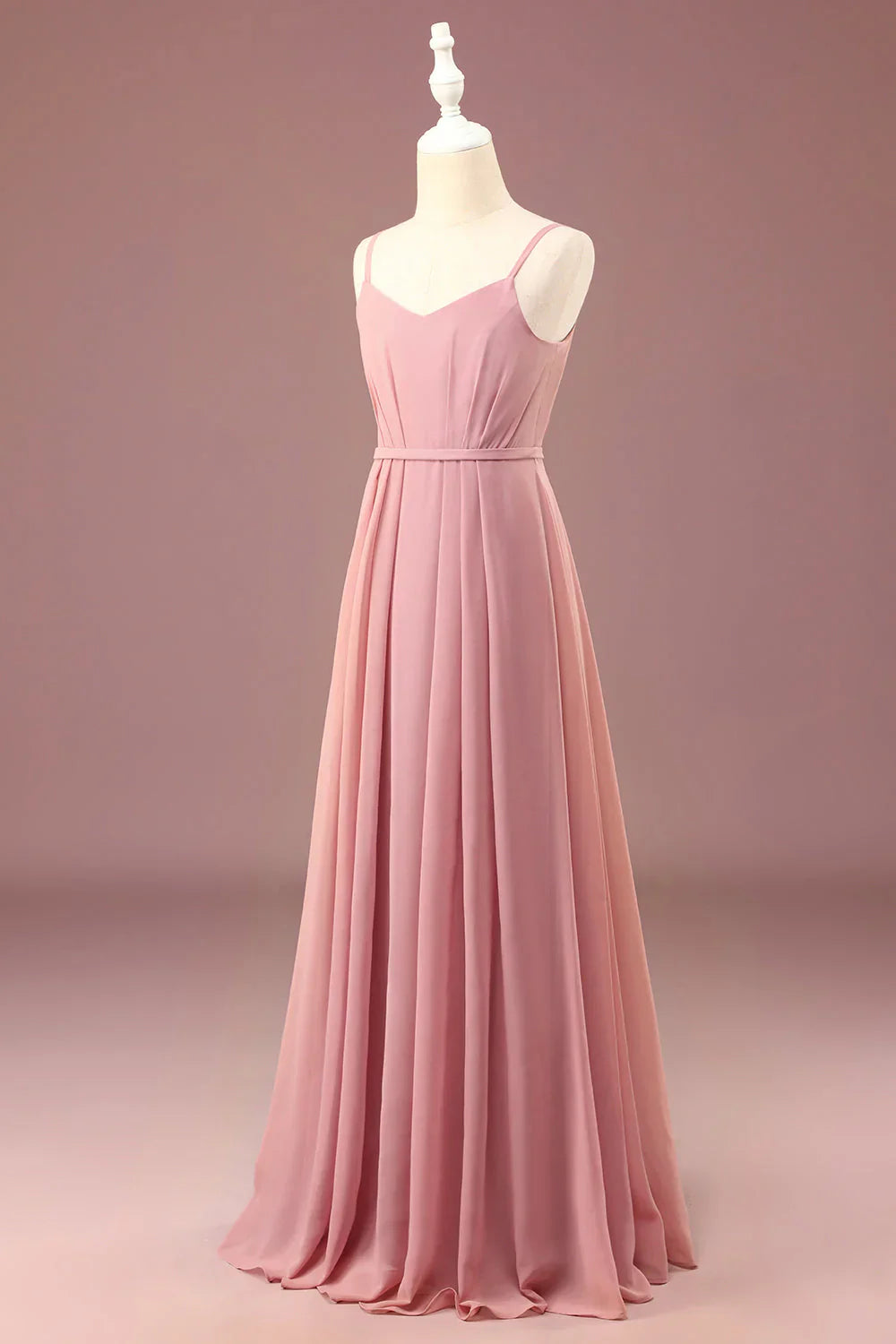 Grey Rose A-line Chiffon Thin Shoulder Strap Long Pleated Junior High School Bridesmaid Dress