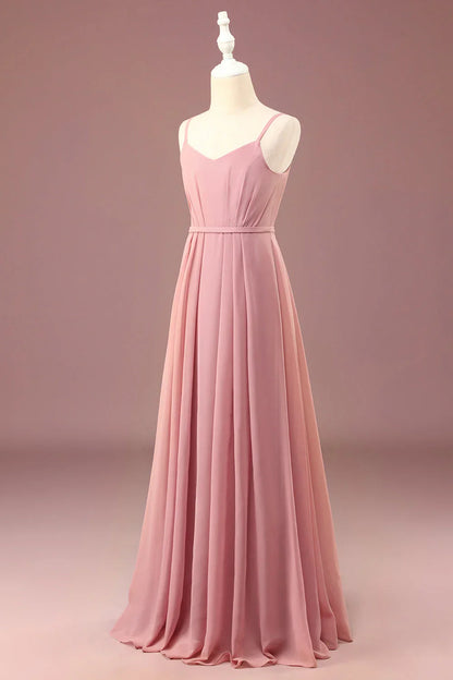 Grey Rose A-line Chiffon Thin Shoulder Strap Long Pleated Junior High School Bridesmaid Dress