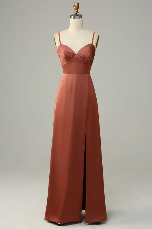Brick red tight fitting thin shoulder strap slit satin bridesmaid dress