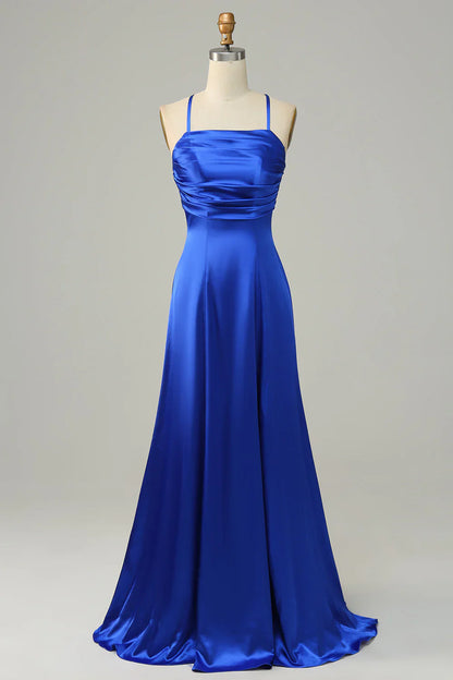Treasure Blue Hanging Neck A-line Long Bridesmaid Dress