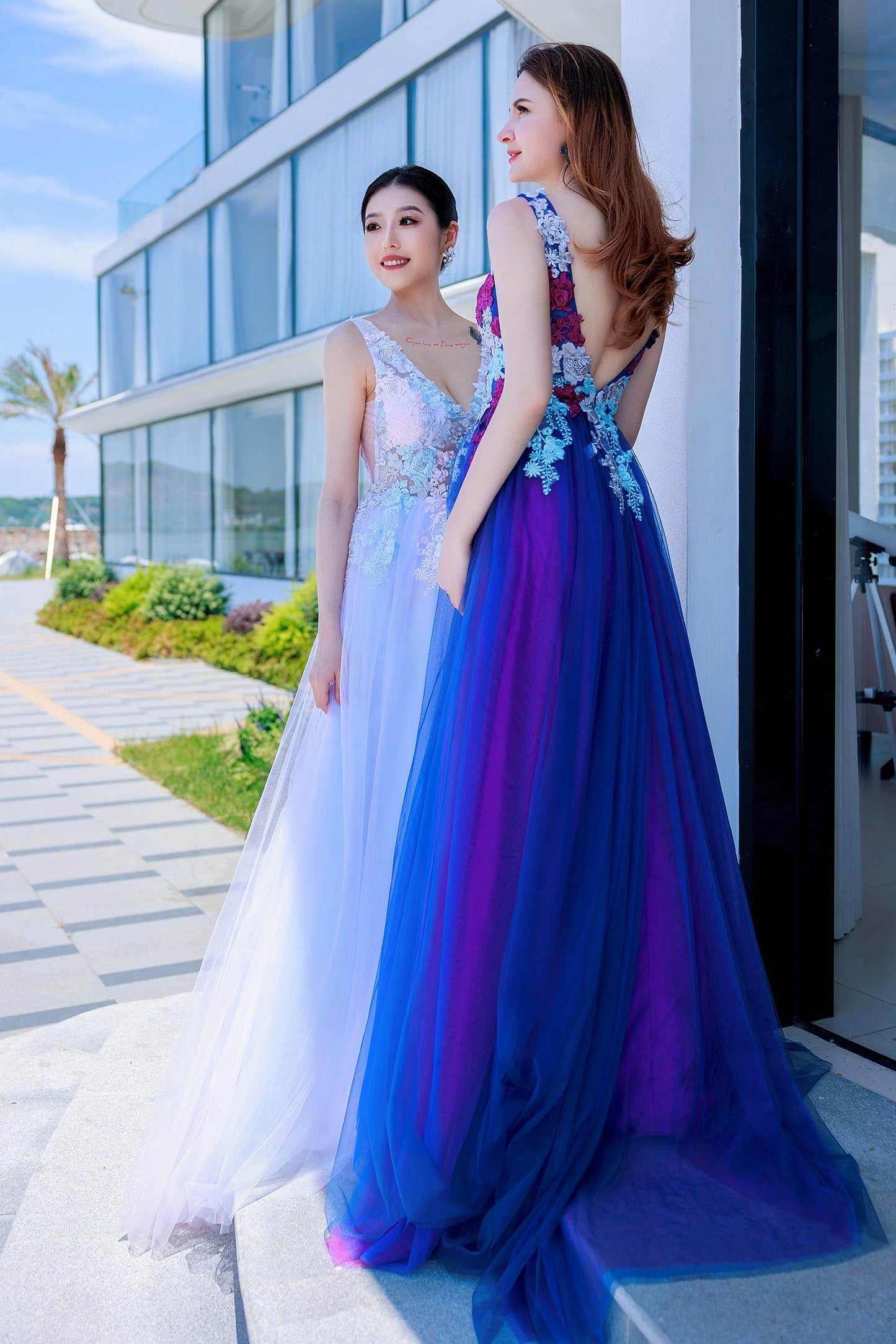 A-Line Sweep-Brush Train Tulle Prom Dress CS0504
