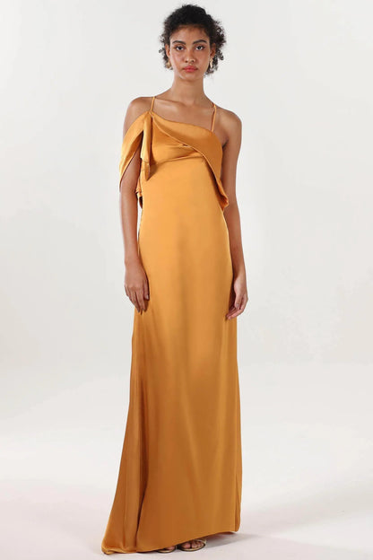 Sheath-Column Sweep-Brush Train Luxe Satin Bridesmaid Dress CS0598BM