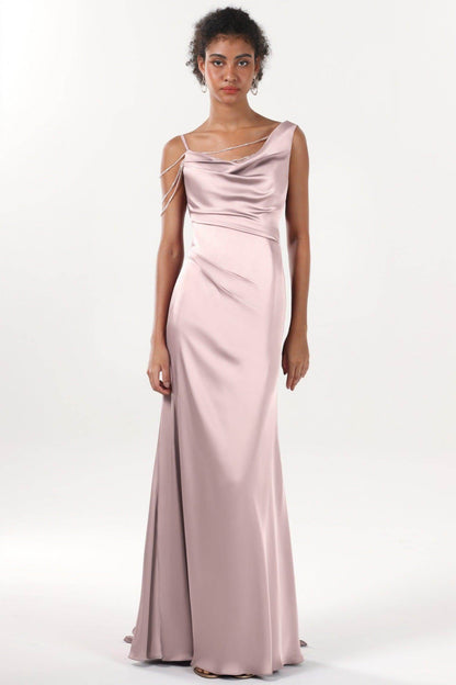 Sheath-Column Sweep-Brush Train Luxe Satin Bridesmaid Dress CS0600BM