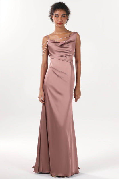 Sheath-Column Sweep-Brush Train Luxe Satin Bridesmaid Dress CS0600BM