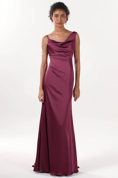 Sheath-Column Sweep-Brush Train Luxe Satin Bridesmaid Dress CS0600BM