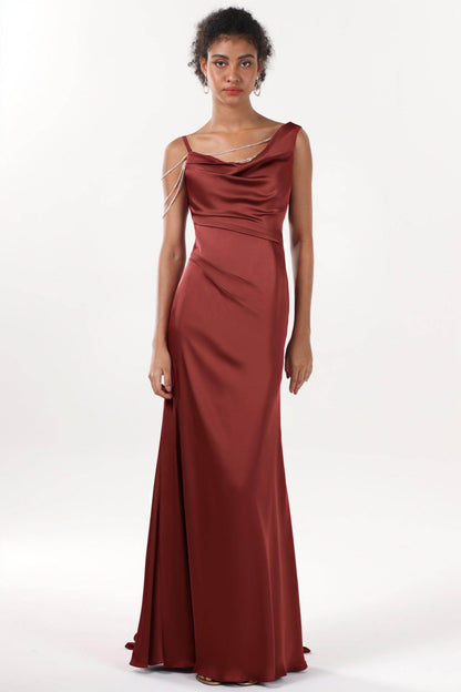 Sheath-Column Sweep-Brush Train Luxe Satin Bridesmaid Dress CS0600BM
