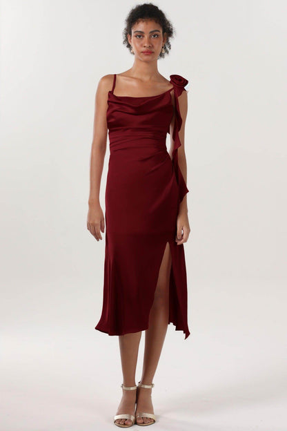Sheath-Column Midi Luxe Satin Bridesmaid Dress CS0613BM