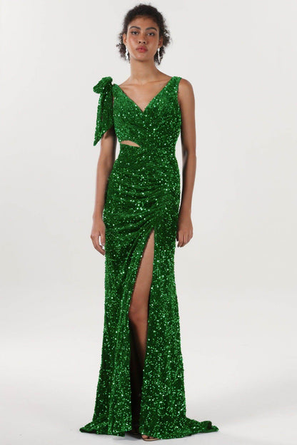 Sheath-Column Sweep-Brush Train Velvet Sequin Bridesmaid Dress CS0633BM