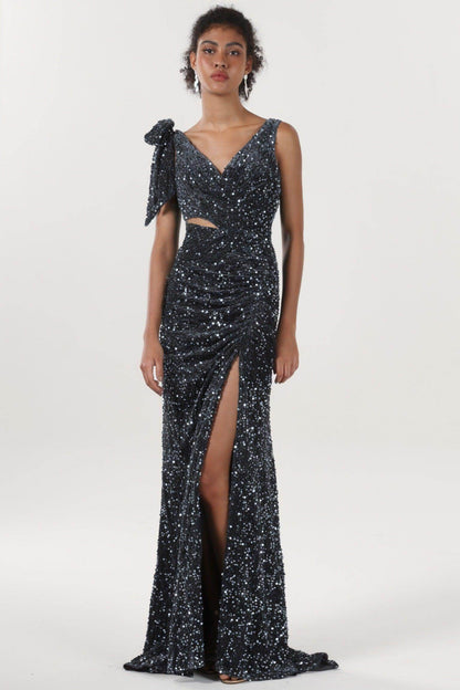 Sheath-Column Sweep-Brush Train Velvet Sequin Bridesmaid Dress CS0633BM