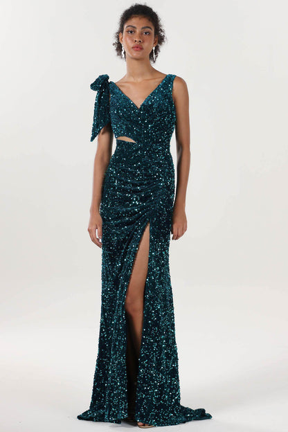 Sheath-Column Sweep-Brush Train Velvet Sequin Bridesmaid Dress CS0633BM