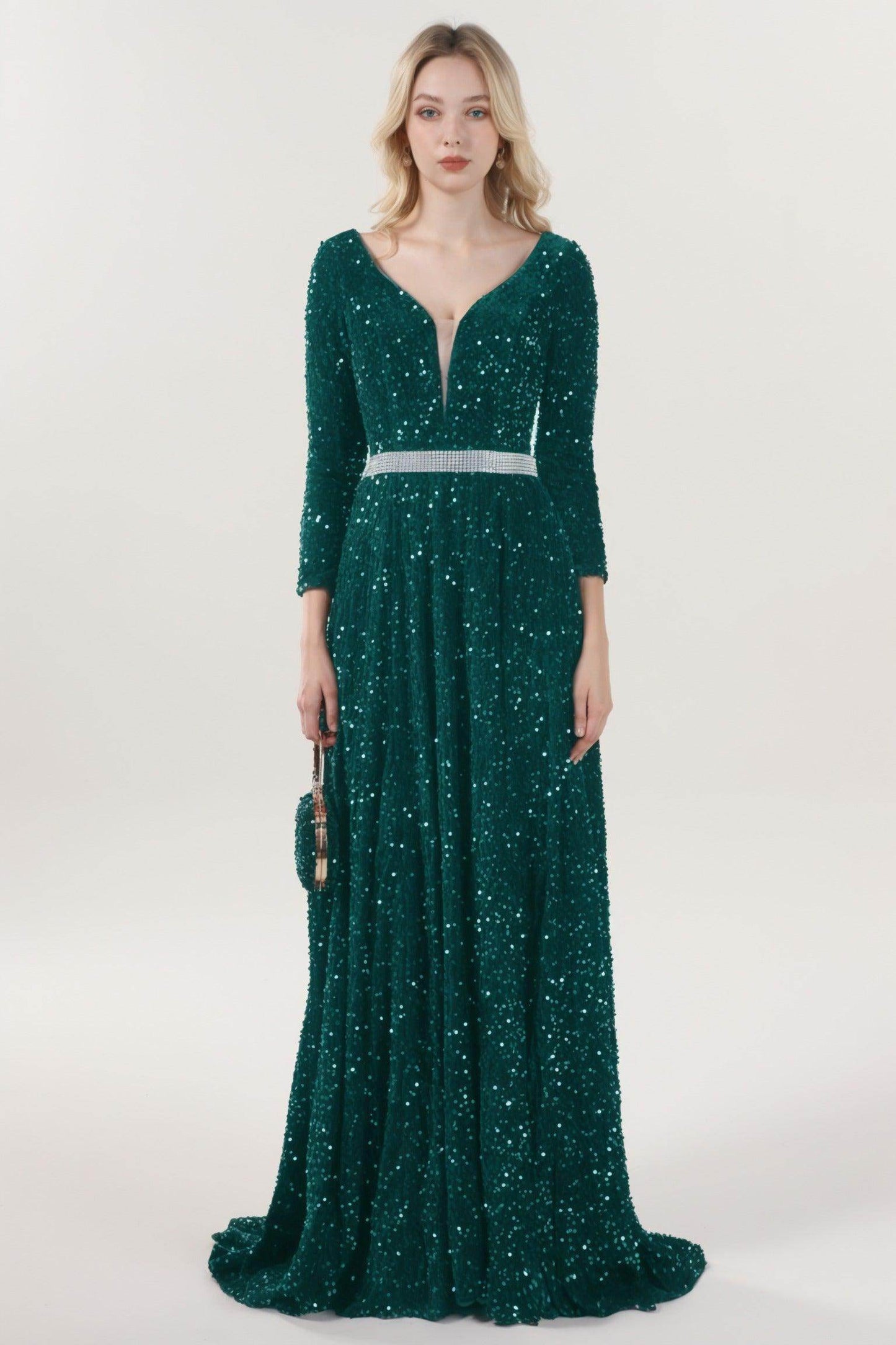 A-Line Sweep-Brush Train Velvet Sequin Formal Dress CS0636
