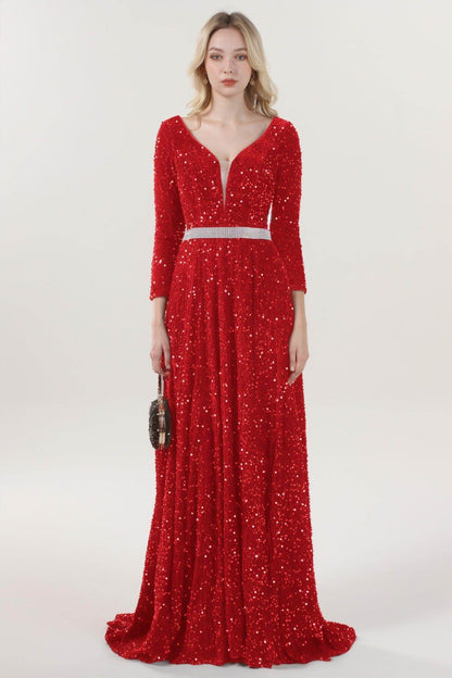 A-Line Sweep-Brush Train Velvet Sequin Formal Dress CS0636