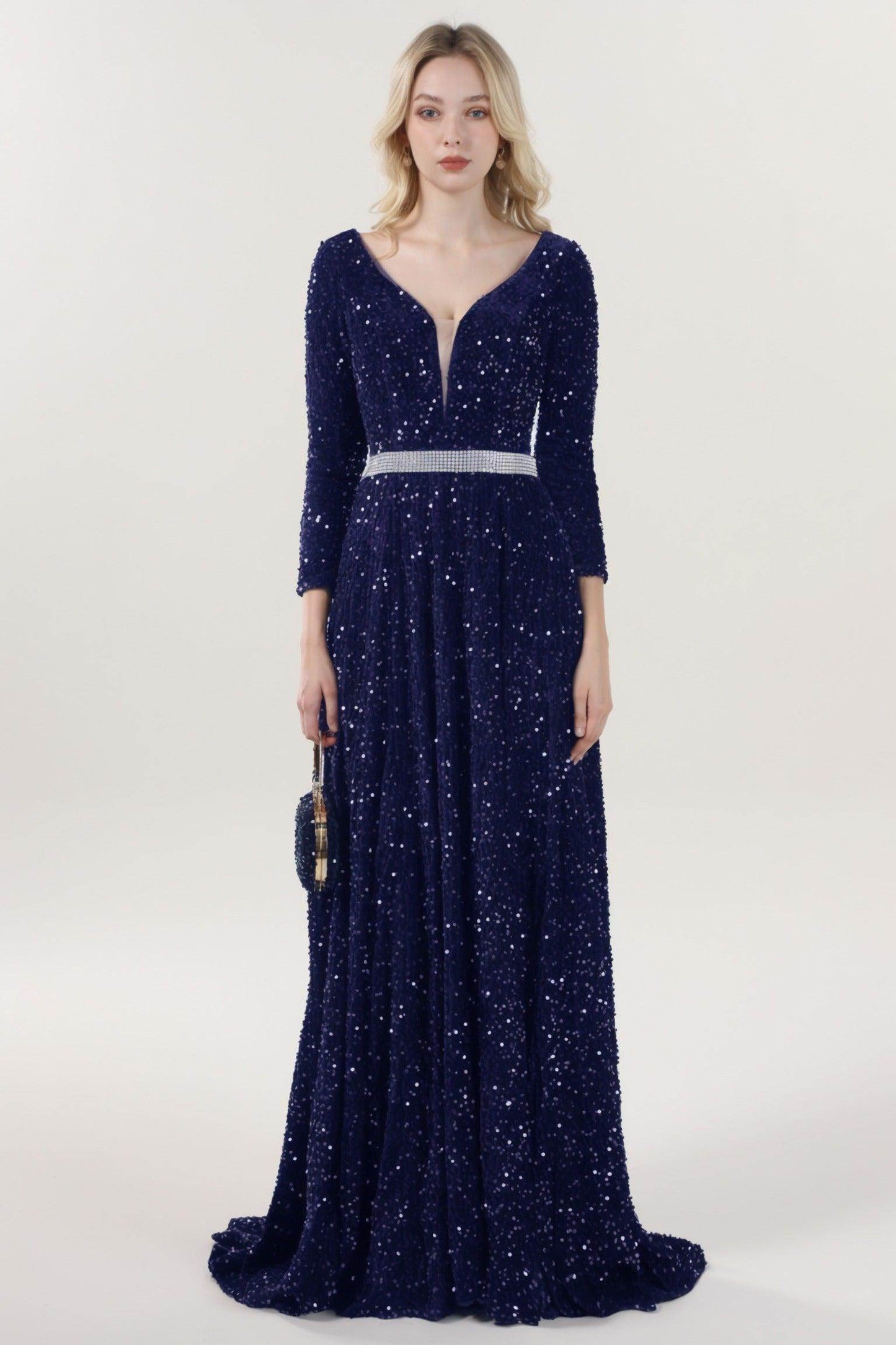A-Line Sweep-Brush Train Velvet Sequin Formal Dress CS0636