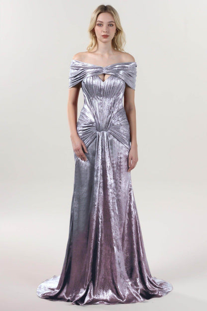 Trumpet-Mermaid Sweep-Brush Train Metallic Formal Dress CS0646