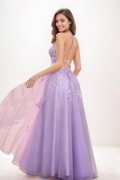 Lace V-Neck Corset A-Line Floor-Length Tulle Prom Dresses CS0723