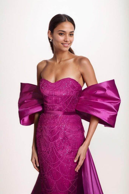 Off-The-Shoulder Sweep Train Satin/Lace Prom Dresses CS0799
