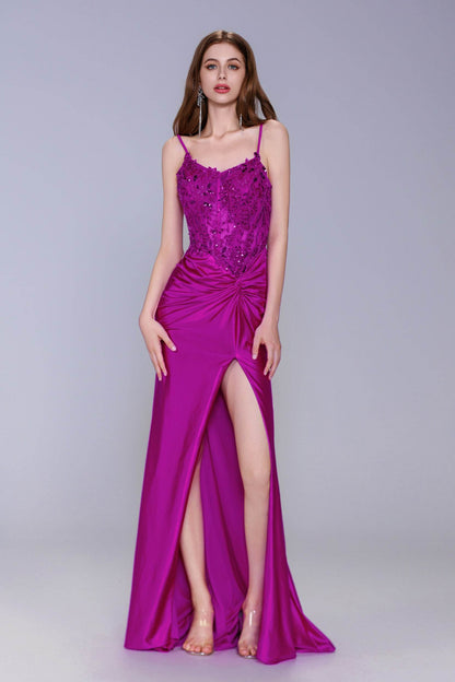 Sheath-Column Sweep-Brush Train Stretch Satin Prom Dress CS1051