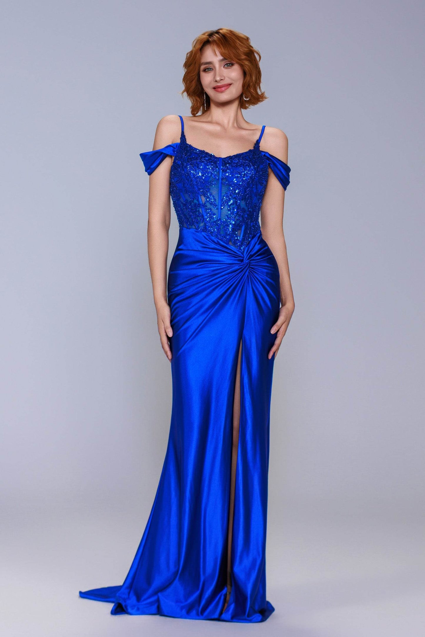 Sheath-Column Sweep-Brush Train Stretch Satin Prom Dress CS1053