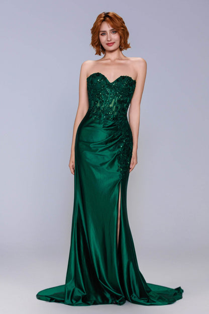 Sheath-Column Sweep-Brush Train Stretch Satin Prom Dress CS1056