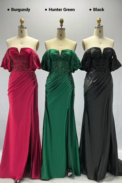 Sheath-Column Sweep-Brush Train Stretch Satin Prom Dress CS1058