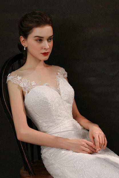 Sheath Sweep-Brush Train Lace Tulle Wedding Dress CW2700