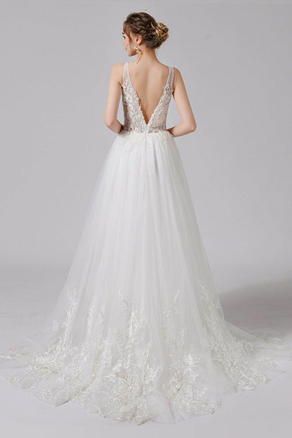 A-Line Sweep-Brush Train Lace Tulle Wedding Dress CW2709