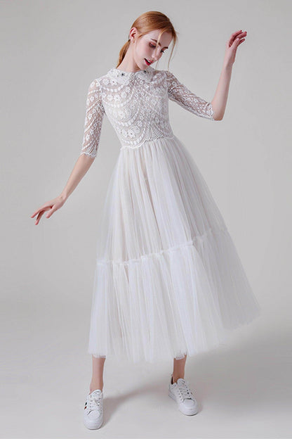 A-Line Tea Length Lace Tulle Wedding Dress CW2738