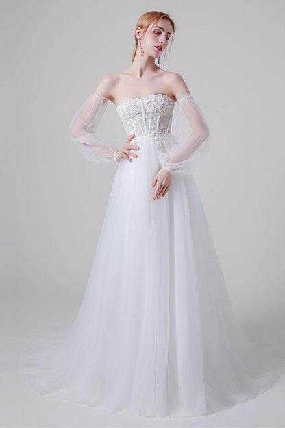 A-Line Floor Length Lace Tulle Wedding Dress CW2744