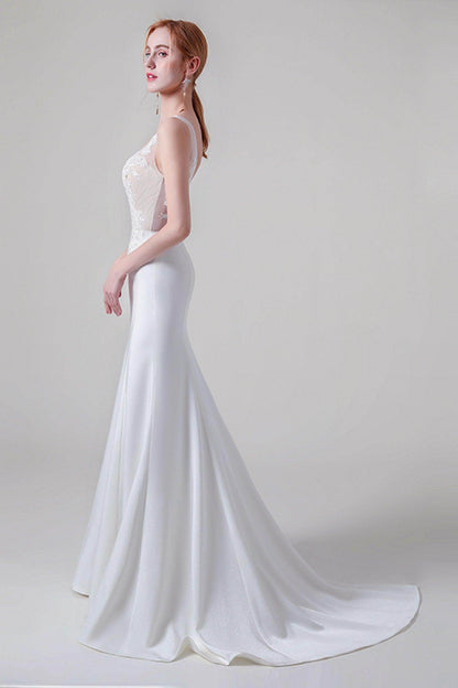 Trumpet Sweep-Brush Train Lace Elastic Cloth Wedding Dress CW2745