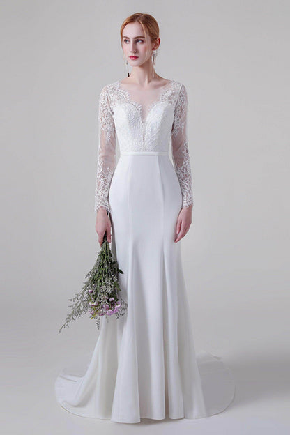 Trumpet Sweep-Brush Train Lace Elastic Cloth Wedding Dress CW2746