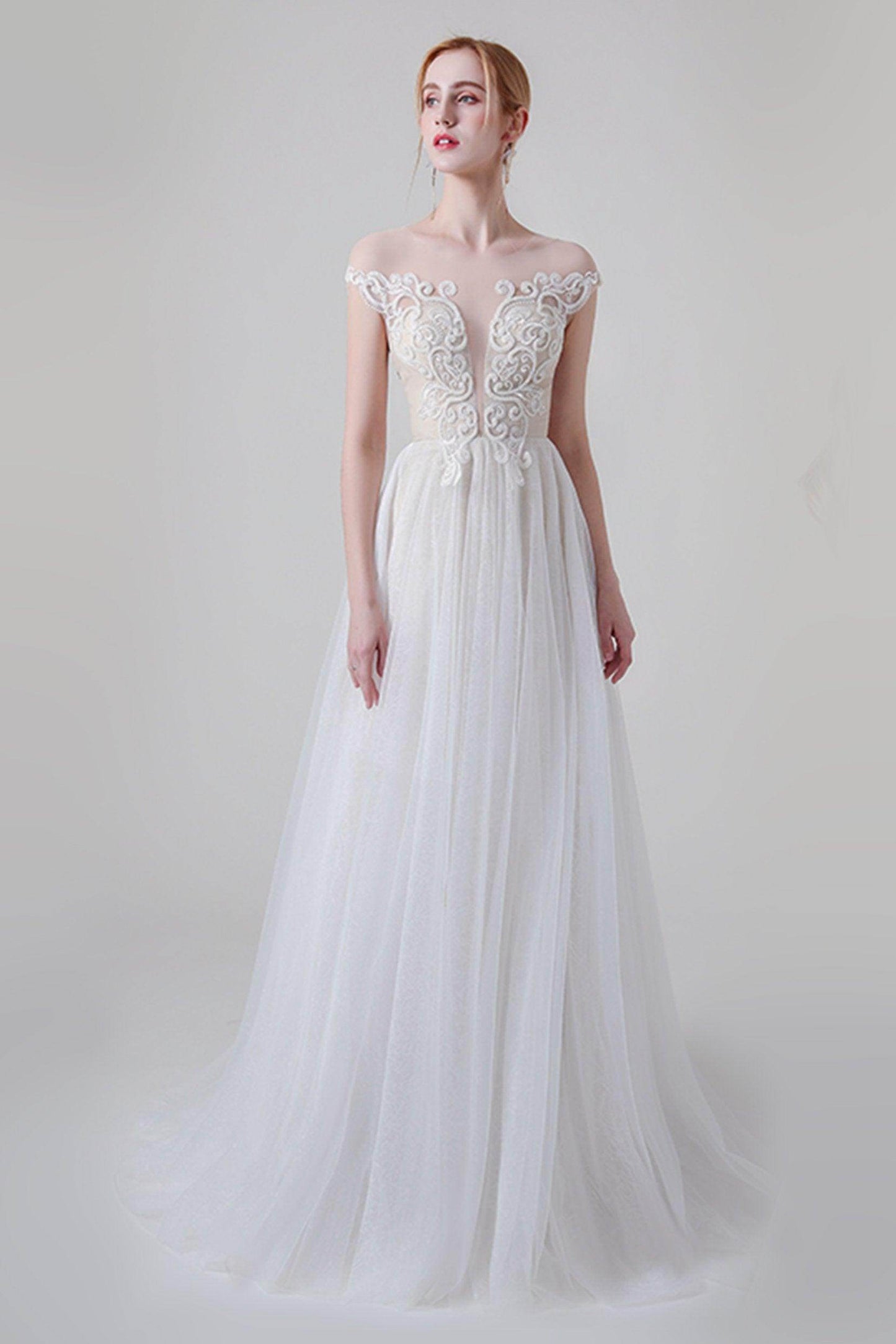 A-Line Sweep-Brush Train Lace Tulle Wedding Dress CW2748