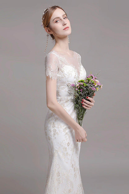 Sheath-Column Floor Length Lace Wedding Dress CW2766