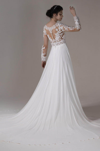 A-Line Chapel Train Lace Chiffon Wedding Dress CW2830