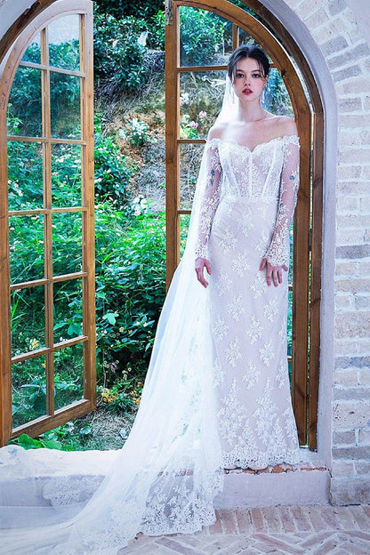 Trumpet-Mermaid Court Train Lace Tulle Wedding Dress CW3062
