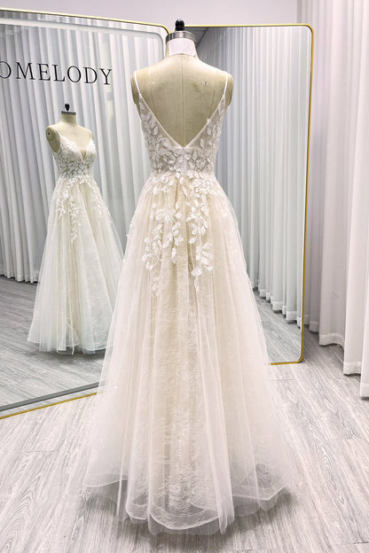 A-Line Sweep-Brush Train Lace Tulle Wedding Dress CW3119
