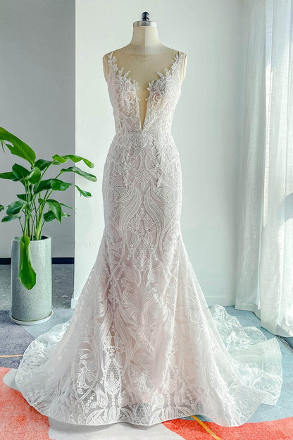 Trumpet-Mermaid Chapel Train Lace Tulle Wedding Dress CW3145