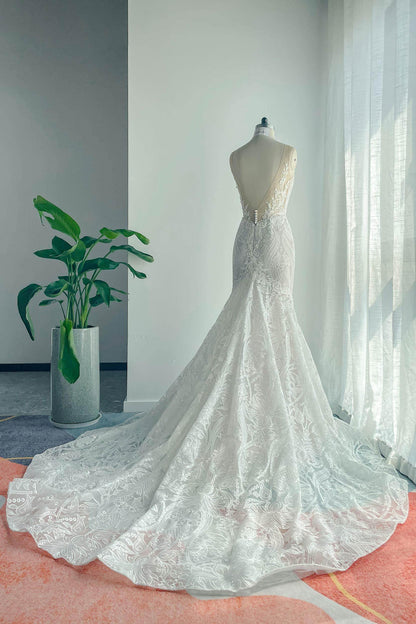 Trumpet-Mermaid Chapel Train Lace Tulle Wedding Dress CW3145