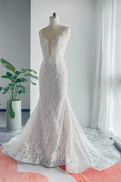 Trumpet-Mermaid Chapel Train Lace Tulle Wedding Dress CW3145
