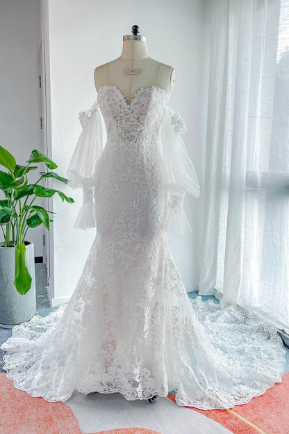 Trumpet-Mermaid Court Train Lace Tulle Wedding Dress CW3148