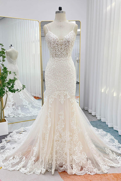 Trumpet-Mermaid Chapel Train Lace Tulle Wedding Dress CW3251