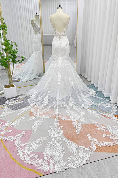 Trumpet-Mermaid Cathedral Train Lace Tulle Wedding Dress CW3256