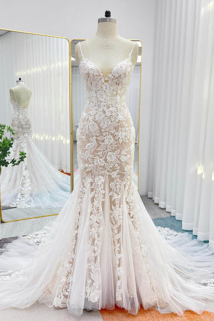 Trumpet-Mermaid Chapel Train Lace Tulle Wedding Dress CW3276