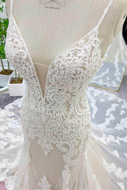 Trumpet-Mermaid Chapel Train Lace Tulle Wedding Dress CW3277