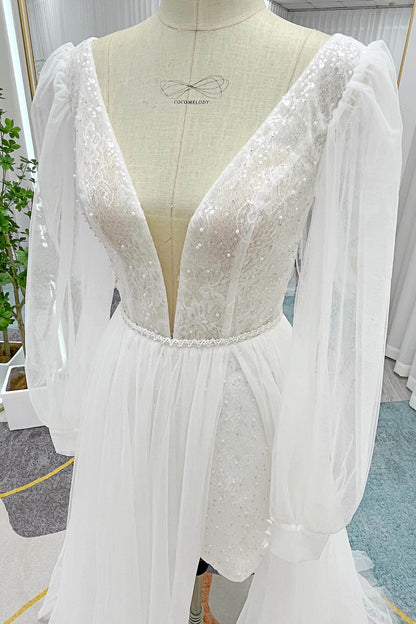 A-Line Sweep-Brush Train Lace Tulle Wedding Dress CW3295