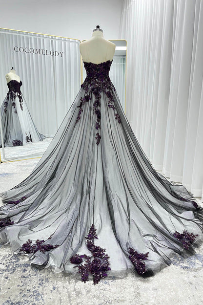 A-Line Court Train Lace Tulle Wedding Dress CW3345