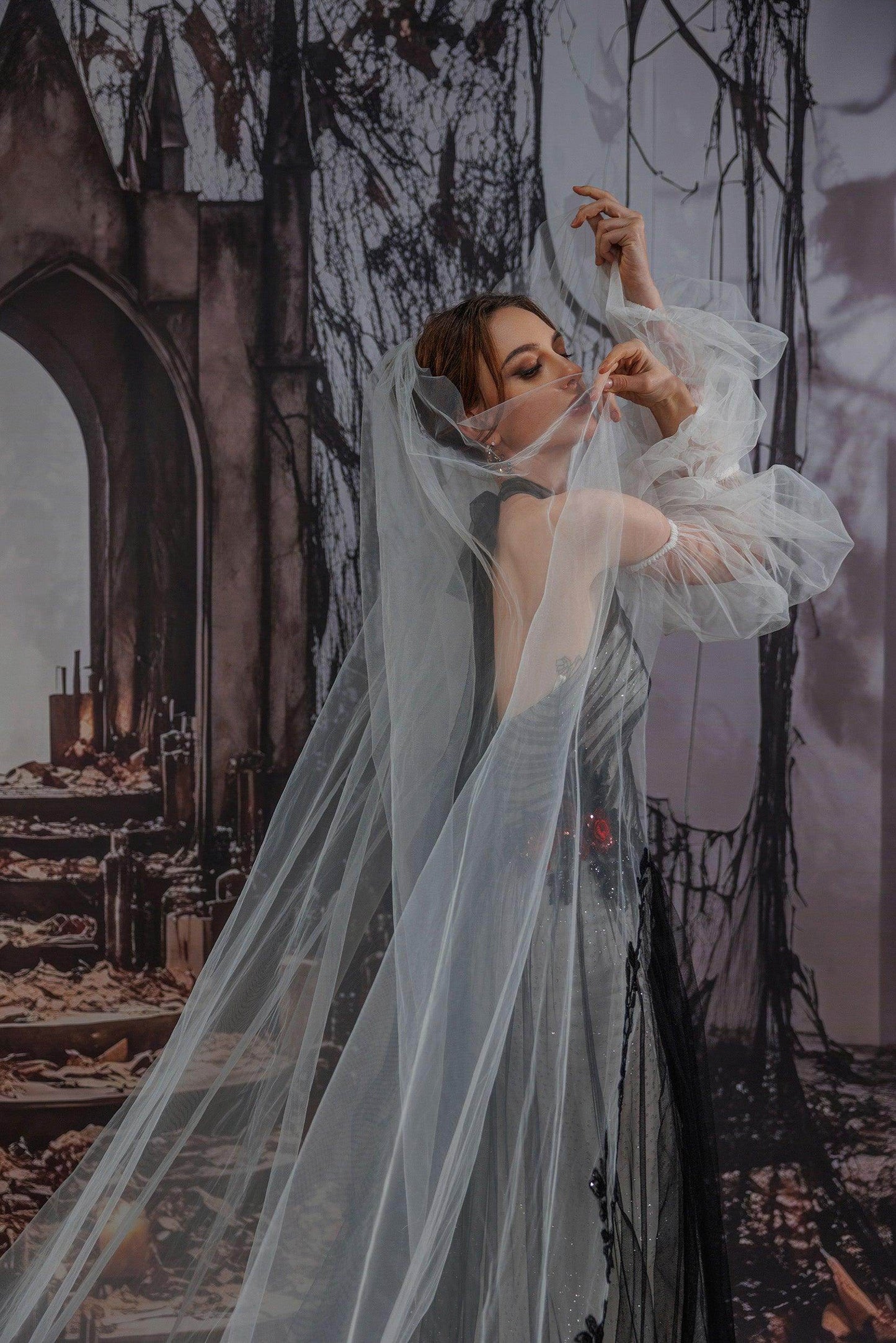 A-Line Cathedral Train Glitter Sparkle Tulle Wedding Dress CW3349