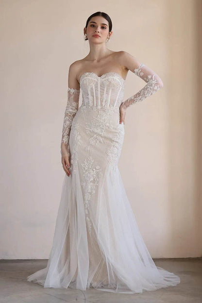 Trumpet-Mermaid Court Train Lace Tulle Wedding Dress CW3544