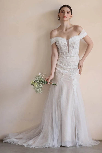 Trumpet-Mermaid Sweep-Brush Train Lace Tulle Wedding Dress CW3545