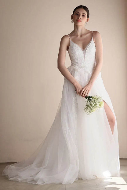 A-Line Sweep-Brush Train Lace Tulle Wedding Dress CW3547